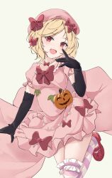 Rule 34 | 1girl, absurdres, beret, black gloves, blonde hair, bow, commentary, dress, dress bow, elbow gloves, gloves, hat, hat bow, highres, jack-o&#039;-lantern, lambdadelta, looking at viewer, open mouth, orchid (orukido), pink dress, pink hat, pink thighhighs, red bow, red eyes, red footwear, short hair, simple background, solo, striped clothes, striped thighhighs, thighhighs, umineko no naku koro ni, white thighhighs
