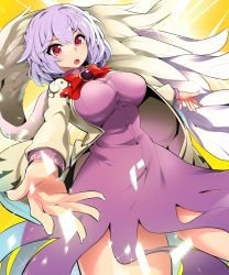 Rule 34 | 1girl, angel wings, beige jacket, blush, bow, bowtie, braid, breasts, buttons, collared dress, commentary request, dress, eyelashes, feathered wings, fingernails, french braid, gem, half updo, highres, kishin sagume, large breasts, long sleeves, looking to the side, open mouth, purple dress, purple gemstone, red bow, red bowtie, simple background, solo, standing, touhou, umigarasu (kitsune1963), upper body, wing collar, wings, yellow background