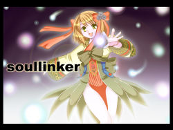 Rule 34 | 1girl, black border, blonde hair, blush, border, bow, brown dress, character name, commentary request, dress, feet out of frame, floral print, green eyes, hair bow, hanbok, korean clothes, long sleeves, looking at viewer, masaya ichika, medium hair, open mouth, ragnarok online, red bow, smile, solo, soul linker (ragnarok online), wide sleeves