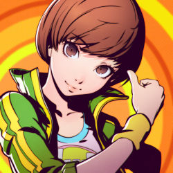 Rule 34 | 1girl, brown eyes, brown hair, chromatic aberration, ilya kuvshinov, jacket, looking at viewer, md5 mismatch, persona, persona 4, persona 4: dancing all night, persona dancing, satonaka chie, short hair, simple background, solo, sweatband, track jacket, upper body