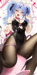 Rule 34 | 1girl, absurdres, animal ear hairband, animal ears, arm strap, bare shoulders, black leotard, black ribbon, blue eyes, blue hair, blush, bound, bow, bowtie, breasts, cameltoe, chain, cleavage, cleavage cutout, clothing cutout, covered navel, dayshiart, detached collar, fake animal ears, from below, groin, hair ornament, hair ribbon, hairband, hatsune miku, heart, heart-shaped pupils, high heels, highleg, highleg leotard, highres, leotard, looking at viewer, medium breasts, open mouth, pantyhose, pink nails, playboy bunny, pumps, rabbit ear hairband, rabbit ears, rabbit hole (vocaloid), red ribbon, ribbon, shoes, sitting, solo, stiletto heels, symbol-shaped pupils, teardrop facial mark, thigh strap, thighs, twintails, vocaloid, white hairband, x hair ornament