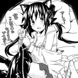 Rule 34 | 1girl, animal ears, bdsm, bondage, bound, bra, cat ears, clothes pull, greyscale, k-on!, lingerie, monochrome, nakano azusa, rope, scared, shirt pull, solo, strap slip, tears, translated, twintails, underwear, wata