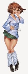 Rule 34 | 1girl, brown hair, hand on own hip, highres, leg warmers, miniskirt, saejin oh, shoes, skirt, solo, sweater, v