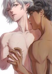 Rule 34 | 2boys, absurdres, bags under eyes, curly hair, dark-skinned male, dark skin, dungeon meshi, elf, highres, interlocked fingers, kabru, kiss, kissing neck, looking at another, male focus, mithrun, multiple boys, multiple scars, nijizhihuo, notched ear, one eye closed, pointy ears, scar, short hair, simple background, topless male, wavy hair, white background, yaoi