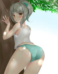 Rule 34 | &gt;:(, 10s, 1girl, absurdres, against tree, alternate costume, aono (f i s), aqua bow, aqua hair, aqua panties, ass, bare arms, bare shoulders, blue sky, blunt bangs, blush, bow, brown eyes, closed mouth, cowboy shot, dappled sunlight, day, foreshortening, frown, hair bow, highres, kantai collection, leaning forward, looking back, outdoors, panties, ponytail, short hair, short ponytail, sky, sleeveless, solo, standing, sunlight, tank top, tareme, thighs, tree, trefoil, under tree, underwear, v-shaped eyebrows, yuubari (kancolle)