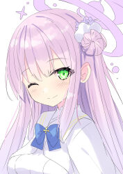 Rule 34 | 1girl, ;), absurdres, blue archive, blue bow, blush, bow, breasts, capelet, closed mouth, commentary request, dress, flower, green eyes, hair bun, hair flower, hair ornament, halo, highres, hizaka, long hair, medium breasts, mika (blue archive), one eye closed, pink hair, purple flower, simple background, single side bun, smile, solo, upper body, white background, white capelet, white dress