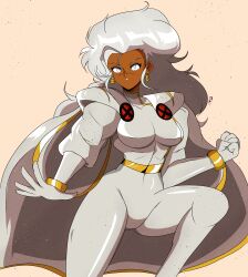 Rule 34 | 1990s (style), 1girl, absurdres, animification, blue eyes, bodysuit, bracelet, breasts, brown background, clenched hand, commentary, dark-skinned female, dark skin, earrings, english commentary, floating hair, gold belt, grey bodysuit, grey hair, hair behind ear, highres, jewelry, marvel, marvel vs. capcom, medium breasts, no pupils, open hand, parted lips, peachyboi, retro artstyle, sidelocks, solo, storm (x-men), superhero costume, x-men