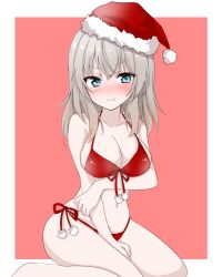 Rule 34 | 1girl, airi (akamichiaika), alternate costume, bikini, blue eyes, blush, breast hold, breasts, christmas, cleavage, closed mouth, commentary, front-tie bikini top, front-tie top, girls und panzer, hat, itsumi erika, kneeling, large breasts, looking at viewer, medium hair, navel, one-hour drawing challenge, outside border, red background, red bikini, red hat, santa bikini, santa costume, santa hat, side-tie bikini bottom, silver hair, smile, solo, swimsuit