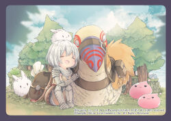 Rule 34 | 1girl, :&lt;, :d, animal, armor, armored boots, bag, bird, boots, border, breastplate, brown cape, cape, chainmail, closed eyes, commentary request, cross, eclipse (ragnarok online), full body, gauntlets, grey border, knight (ragnarok online), lunatic (ragnarok online), open mouth, oversized animal, pauldrons, peco peco, pine tree, poporing, poring, rabbit, ragnarok online, reins, saddle, shinonome moegi, short hair, shoulder armor, slime (creature), smile, tree, white hair