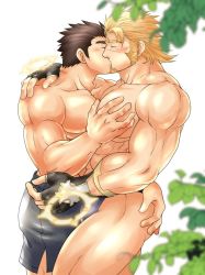Rule 34 | 2boys, bara, beard, blush, briefs, brown hair, commission, couple, facial hair, feet out of frame, fingerless gloves, gloves, grabbing, jacob (housamo), kiss, large pectorals, long sideburns, male focus, male underwear, protagonist 3 (housamo), multiple boys, muscular, pectoral grab, pectorals, topless male, skeb commission, sunfight0201, thick eyebrows, thick thighs, thighs, tokyo houkago summoners, underwear, underwear only, yaoi