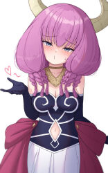 Rule 34 | 1girl, arm at side, aura (sousou no frieren), bare shoulders, black gloves, blowing kiss, blue eyes, blush, braid, breasts, choker, cleavage, clothing cutout, commentary request, cowboy shot, demon girl, demon horns, elbow gloves, eyelashes, frieren blowing a kiss (meme), furrowed brow, gloves, hair between eyes, hand up, head tilt, heart, highres, horns, large breasts, looking at viewer, medium hair, meme, navel, navel cutout, o3o, pink hair, puckered lips, reijing etrn, simple background, solo, sousou no frieren, sweatdrop, tsurime, white background