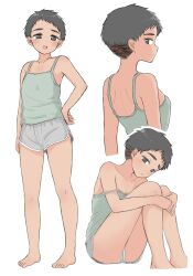 Rule 34 | 1girl, bare legs, barefoot, black hair, camisole, collarbone, dolphin shorts, female focus, grey shorts, highres, noe aoikaba, open mouth, original, short hair, shorts, sideways glance, simple background, sitting, solo, standing, strap slip, undercut, white background