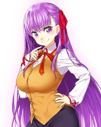Rule 34 | &gt;:), 10s, 1girl, bb (fate), bb (fate/extra), blush, breasts, commentary request, fate/extra, fate/extra ccc, fate (series), hair ribbon, hand on own hip, homurahara academy school uniform, large breasts, long hair, long sleeves, looking at viewer, onsoku inu, purple eyes, purple hair, ribbon, school uniform, shirt, simple background, skirt, smile, solo, v-shaped eyebrows, very long hair, vest, white shirt