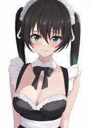Rule 34 | 1girl, absurdres, alternate costume, black bow, black hair, bow, breasts, cleavage, collarbone, enmaided, gradient hair, green eyes, green hair, grin, highres, large breasts, looking at viewer, love live!, love live! nijigasaki high school idol club, maid, makise (mix020511), multicolored hair, parted lips, simple background, smile, solo, takasaki yu, teeth, twintails, upper body, white background