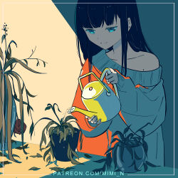 Rule 34 | 1girl, black hair, blue eyes, closed mouth, commentary, english commentary, half-closed eyes, holding, holding watering can, long hair, long sleeves, mimi n, off shoulder, original, patreon username, plant, pouring, red sweater, smile, solo, standing, straight hair, sweater, watering can, watermark, web address, withered