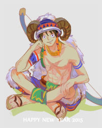 Rule 34 | 10s, 1boy, 2015, abs, achyue, bodypaint, bow (weapon), head rest, helmet, horns, indian style, jewelry, leaning, loincloth, male focus, monkey d. luffy, necklace, new year, one piece, sandals, scar, topless male, shorts, sitting, smile, solo, weapon