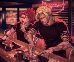 Rule 34 | 2boys, alternate costume, beowulf (fate), black eyes, black shirt, blonde hair, blouse, casual, chinese clothes, closed eyes, cup, drinking glass, eating, fate/grand order, fate (series), food, fork, jewelry, knife, li shuwen (fate), li shuwen (young) (fate), long hair, male focus, meat, multiple boys, muscular, necklace, parted bangs, pectorals, ponytail, red eyes, red hair, renga2250, scar, shirt, short hair, short sleeves, shoulder tattoo, skull necklace, spiked hair, tattoo, toned, toned male, upper body