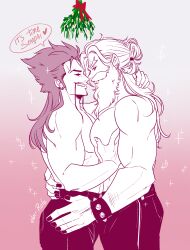 Rule 34 | abs, bara, beard, christmas, couple, draven, english text, eye contact, facial hair, feet out of frame, foreplay, forked tongue, from side, goatee, grabbing, hand on another&#039;s waist, highres, large hands, large pectorals, league of legends, long beard, long hair, long mustache, looking at another, male focus, mature male, mistletoe, muscular, muscular male, mustache, no nipples, olaf (league of legends), pants, pectoral grab, pectorals, pink theme, playing with another&#039;s hair, profile, rolo&#039;s art, seductive smile, smile, sparkle background, speech bubble, standing, thick eyebrows, thick mustache, tongue, yaoi