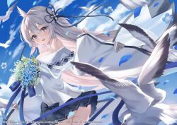 Rule 34 | 1girl, absurdres, ahoge, ass, azur lane, bare shoulders, bird, black bow, black ribbon, black skirt, blue sky, bouquet, bow, bow skirt, cloud, cloudy sky, commentary request, copyright name, floating hair, flower, grey eyes, grey hair, hair ribbon, highres, kure~pu, long hair, long sleeves, looking at viewer, official art, open mouth, pigeon, ribbon, shirt, skirt, sky, smile, solo, umikaze (azur lane), very long hair, white shirt, wide sleeves
