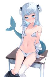 Rule 34 | 1girl, bandaid on stomach, bandaid on thigh, black ribbon, black skirt, blue eyes, blue hair, blush, bra, closed mouth, clothes pull, fins, fish tail, flat chest, frilled shirt collar, frills, front-hook bra, gawr gura, grey hair, hair ribbon, highres, hololive, hololive english, looking at viewer, multicolored hair, navel, open bra, open clothes, open shirt, panties, ribbon, shark tail, single thighhigh, sitting, skirt, skirt pull, smile, solo, stomach, streaked hair, tail, thighhighs, two side up, underwear, virtual youtuber, white bra, white hair, white panties, white thighhighs, yuzukicture