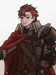 Rule 34 | 1boy, armor, black armor, cape, collared cloak, diamant (fire emblem), fire emblem, fire emblem engage, high collar, highres, lirara 0, looking to the side, male focus, nintendo, red cape, red eyes, red hair, shoulder armor, upper body