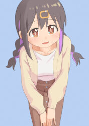 Rule 34 | 1girl, :d, black hair, blue background, braid, brown skirt, collarbone, commentary request, easy (aqk7bdqt), hair ornament, hairclip, hands on own knees, jacket, long hair, long sleeves, looking at viewer, multicolored hair, onii-chan wa oshimai!, open clothes, open jacket, open mouth, oyama mihari, purple hair, shirt, simple background, skirt, smile, solo, twin braids, two-tone hair, white shirt, yellow jacket