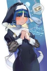 Rule 34 | 1girl, @ @, absurdres, banknote, black dress, black headwear, blue hair, blush, bocchi the rock!, clenched teeth, commentary request, covered navel, dollar bill, dress, flat chest, full moon, habit, hair ornament, hairclip, happy halloween, highres, interlocked fingers, long sleeves, money, moon, night, night sky, nun, parted lips, short hair, sidelocks, sky, sofa (enogunomu), solo, star (sky), starry sky, sweat, teeth, thought bubble, wavy mouth, yamada ryo, yellow eyes