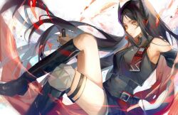 Rule 34 | + +, 1girl, arknights, bare shoulders, black footwear, black hair, black shirt, boots, fire, foot out of frame, hair between eyes, highres, holding, holding weapon, ines (arknights), knee boots, knee pads, long hair, looking at viewer, shirt, simple background, single knee pad, sleeveless, sleeveless shirt, solo, watanabe kawa, weapon, white background, yellow eyes