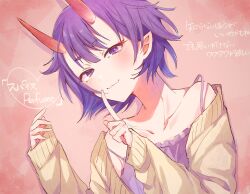 Rule 34 | 1girl, absurdres, blush, bob cut, camisole, cardigan, eyeliner, fate/grand order, fate (series), finger to mouth, hands up, highres, horns, ichiya1115, long sleeves, looking at viewer, makeup, messy hair, pink background, pointy ears, purple eyes, purple hair, short eyebrows, short hair, shushing, shuten douji (fate), skin-covered horns, smile, solo, tagme