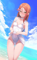 Rule 34 | 1girl, 3:, absurdres, beach, blue sky, blush, breasts, brown eyes, casual one-piece swimsuit, choker, cleavage, cloud, cloudy sky, covered navel, day, flower, ginopi, gluteal fold, hair flower, hair ornament, half updo, highres, lens flare, lifted by self, long hair, looking at viewer, love live!, love live! sunshine!!, one-piece swimsuit, outdoors, red hair, sakurauchi riko, sky, small breasts, solo, swimsuit, thigh gap, white one-piece swimsuit