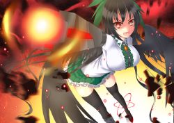 Rule 34 | 1girl, arm cannon, bird wings, black hair, black thighhighs, black wings, boots, bow, breasts, glowing, glowing weapon, gmot, hair bow, large breasts, long hair, looking at viewer, open mouth, red eyes, reiuji utsuho, shirt, skirt, solo, symbol-shaped pupils, thigh boots, thighhighs, third eye, touhou, very long hair, weapon, wings, zettai ryouiki