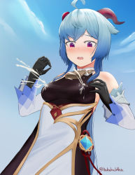 Rule 34 | 1girl, :o, absurdres, ahoge, bare shoulders, bell, blue hair, blue sky, blush, bodysuit, bodysuit under clothes, breasts, cowbell, day, detached sleeves, ganyu (genshin impact), genshin impact, gloves, goat horns, half-closed eyes, highres, horns, lactation, lactation through clothes, long sleeves, medium breasts, milk, open mouth, purple eyes, sky, solo, vlk1993