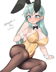 Rule 34 | 1girl, absurdres, alternate costume, animal ears, aqua hair, black bow, black bowtie, black pantyhose, bow, bowtie, breasts, detached collar, gold leotard, green eyes, highres, kantai collection, large breasts, leotard, maru (marg0613), one-hour drawing challenge, pantyhose, playboy bunny, rabbit ears, simple background, sitting, solo, strapless, strapless leotard, suzuya (kancolle), white background, wrist cuffs