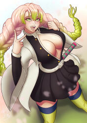Rule 34 | 1girl, breasts, cheering, cleavage cutout, clothing cutout, female focus, formal, green eyes, highres, jacket, jacket on shoulders, kanroji mitsuri, katana, kimetsu no yaiba, large breasts, long hair, looking at viewer, multicolored hair, open clothes, skirt, smile, solo, suit, sword, thick thighs, thighhighs, thighs, uniform, v, weapon