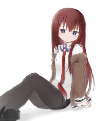 Rule 34 | 1girl, arms at sides, belt, black footwear, black pantyhose, black shorts, breasts, bright pupils, brown jacket, closed mouth, collared shirt, expressionless, hair between eyes, highres, jacket, kanzaki nyo, legs, long hair, long sleeves, looking at viewer, makise kurisu, necktie, open clothes, open jacket, pantyhose, purple eyes, red hair, red necktie, shadow, shirt, shoes, short shorts, shorts, sidelocks, simple background, sitting, small breasts, solo, steins;gate, twitter username, white background, white belt, white pupils, white shirt