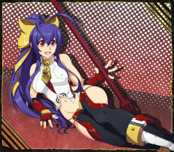 Rule 34 | 1girl, antenna hair, armor, blazblue, blazblue: central fiction, blazblue variable heart, bow, breasts, chuunioniika, collar, commentary, covered erect nipples, english commentary, fingerless gloves, gloves, greaves, hair between eyes, hair bow, halterneck, halterneck, highres, hip vent, long hair, lowleg, lowleg pants, lying, mai natsume, medium breasts, navel, no bra, no panties, on side, pants, pink eyes, polearm, polka dot, polka dot background, ponytail, purple hair, red gloves, sideboob, sidelocks, skindentation, solo, stomach, very long hair, weapon, yellow bow