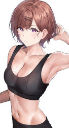 Rule 34 | 1girl, absurdres, armpits, bare shoulders, black sports bra, blush, breasts, brown hair, cleavage, closed mouth, collarbone, hair ornament, hairclip, hand up, highres, higuchi madoka, idolmaster, idolmaster shiny colors, large breasts, looking at viewer, mole, mole under eye, navel, pol winner, purple eyes, short hair, simple background, sleeveless, solo, sports bra, sweat, white background