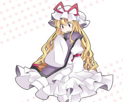 Rule 34 | 1girl, age regression, blonde hair, commentary request, dress, hammer (sunset beach), hat, long hair, looking at viewer, oversized clothes, purple eyes, sleeves past wrists, solo, sweatdrop, touhou, white dress, wide sleeves, yakumo yukari, yakumo yukari (young), aged down