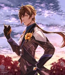 Rule 34 | 1boy, amano nae, artist name, bad id, bad pixiv id, black gloves, boutonniere, brown hair, closed mouth, cloud, cloudy sky, collared shirt, commentary request, day, earrings, eyeliner, flower, formal, from side, genshin impact, gloves, gradient hair, hair between eyes, highres, holding, holding mask, jacket, jewelry, long hair, long sleeves, looking at viewer, makeup, male focus, mask, multicolored hair, necktie, orange hair, outdoors, ponytail, red flower, shirt, single earring, sky, smile, solo, sparkle, suit, tassel, tassel earrings, white necktie, yellow eyes, yellow flower, zhongli (genshin impact)