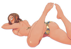 Rule 34 | 1girl, ass, back, barefoot, bikini, black-framed eyewear, blush, body freckles, breasts, brown hair, cameltoe, constricted pupils, crossed ankles, dark-skinned female, dark skin, fat mons, feet up, female pubic hair, foreshortening, freckles, from behind, full body, glasses, gold bikini, head rest, large breasts, legs up, looking at viewer, low twintails, lying, nose blush, on stomach, original, pubic hair, pubic hair peek, short hair, shoulder blades, skindentation, solo, string bikini, swimsuit, tan, the pose, thick thighs, thighs, toenails, toes, tsukudani (coke-buta), twintails, white background