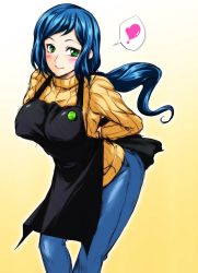 Rule 34 | 10s, 1girl, apron, bad id, bad pixiv id, badge, blue hair, blush, breasts, green eyes, gundam, gundam build fighters, hagane soushi, heart, highres, iori rinko, large breasts, long hair, looking at viewer, mature female, ponytail, ribbed sweater, simple background, smile, solo, sweater, turtleneck, very long hair