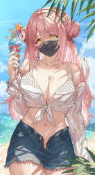 Rule 34 | 1girl, bare shoulders, beach, blue shorts, breasts, cleavage, collarbone, cowboy shot, detached sleeves, double bun, food, hair bun, highres, holding, ice cream, large breasts, long hair, long sleeves, mask, mouth mask, nail polish, navel, open fly, original, outdoors, pink hair, shio kouji (shiokojii), short shorts, shorts, solo, unbuttoned, water, yellow eyes