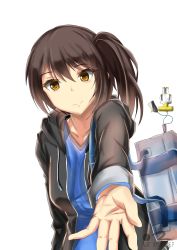 Rule 34 | 10s, 1girl, absurdres, ade-nyungsep, alternate costume, artist name, bag, brown eyes, brown hair, casual, failure penguin, hair between eyes, highres, jacket, kaga (kancolle), kantai collection, open clothes, open jacket, outstretched hand, school bag, short hair, side ponytail, simple background, smile, solo, t-head admiral