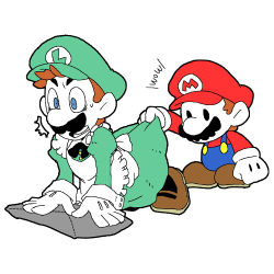 Rule 34 | 2boys, ^^^, blue eyes, brothers, brown footwear, clothes lift, crossdressing, dress, dress lift, facial hair, ghost-pepper, gloves, lowres, luigi, maid, mario, mario (series), multiple boys, mustache, nintendo, open mouth, overalls, pantyhose, shoes, siblings, simple background, sweatdrop, white background, white gloves