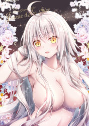 Rule 34 | 1girl, breasts, cleavage, commentary request, convenient censoring, fate/grand order, fate (series), floral background, geko, jeanne d&#039;arc (fate), jeanne d&#039;arc alter (avenger) (fate), jeanne d&#039;arc alter (fate), large breasts, long hair, open mouth, silver hair, solo, title, tsurime, upper body, yellow eyes
