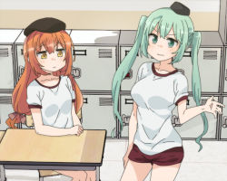 Rule 34 | 2girls, :&lt;, arx-160 (girls&#039; frontline), beret, breasts, chair, classroom, collarbone, commentary, desk, girls&#039; frontline, green eyes, green hair, gym shirt, gym shorts, gym uniform, hair ribbon, hat, indoors, korean commentary, large breasts, locker, long hair, looking at another, micro uzi (girls&#039; frontline), multiple girls, orange hair, ribbon, school chair, school desk, shirt, short sleeves, shorts, sidarim, sitting, small breasts, standing, twintails, wavy mouth, yellow eyes
