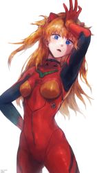 Rule 34 | 1girl, 2022, arm behind head, arm up, artist request, blue eyes, bodysuit, breasts, cowboy shot, dated, from side, hair between eyes, hand on own hip, highres, holding, holding own hair, interface headset, long hair, looking at viewer, neon genesis evangelion, orange hair, parted lips, pilot suit, plugsuit, red bodysuit, shiny clothes, skin tight, solo, souryuu asuka langley, standing, two side up, uneven eyes, very long hair, wide hips