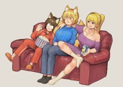 Rule 34 | 3girls, :3, :d, absurdres, alternate costume, animal ear fluff, animal ears, arm around shoulder, bare shoulders, black legwear, blonde hair, blue sweater, breasts, brown hair, bucket, can, casual, cat ears, chanta (ayatakaoisii), chen, cleavage, commentary request, constricted pupils, contemporary, couch, dress, food, fox ears, fox tail, grey background, grey pants, hair between eyes, hand up, highres, holding, holding can, holding food, jacket, large breasts, long hair, long sleeves, multiple girls, multiple tails, no headwear, no shoes, off-shoulder dress, off shoulder, open mouth, orange footwear, pants, ponytail, popcorn, purple dress, purple eyes, red jacket, red pants, ribbed sweater, short dress, short hair, short sleeves, sidelocks, simple background, sitting, slippers, slit pupils, smile, socks, sweater, tail, touhou, turtleneck, turtleneck sweater, white legwear, yakumo ran, yakumo yukari, yellow eyes