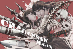 Rule 34 | 2girls, black hair, chainsaw man, copyright name, cross scar, dress, facial scar, fangs, fourth east high school uniform, highres, katana, long hair, looking at viewer, missile, mitaka asa, multiple girls, nyami, parted lips, pinafore dress, red background, ringed eyes, scar, scar on cheek, scar on face, school uniform, simple background, skull, sleeveless dress, smoke, spine, sword, weapon, yellow eyes, yoru (chainsaw man)