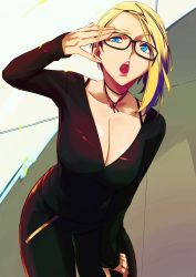 Rule 34 | 1girl, absurdres, alternate costume, blonde hair, blue eyes, breasts, cleavage, glasses, hands on own face, highres, king (snk), king rooper, leaning forward, open mouth, solo, the king of fighters